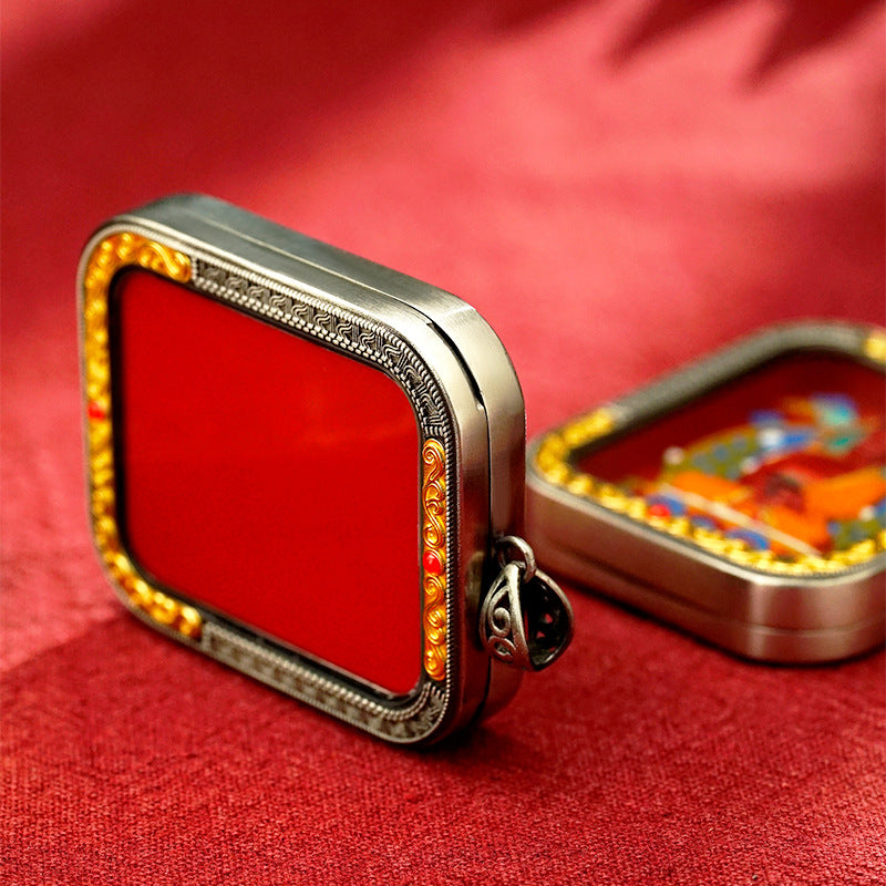 Hand-Painted Cinnabar Thangka Pendant (White Copper Frame) - Qilin & Zodiac Buddha