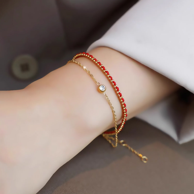 Double Layer Red String Bracelet with Solitaire Zircon (Gold Plated Steel)