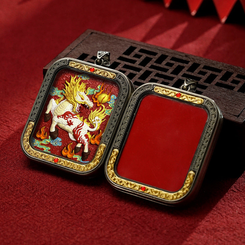 Hand-Painted Cinnabar Thangka Pendant (White Copper Frame) - Qilin & Zodiac Buddha