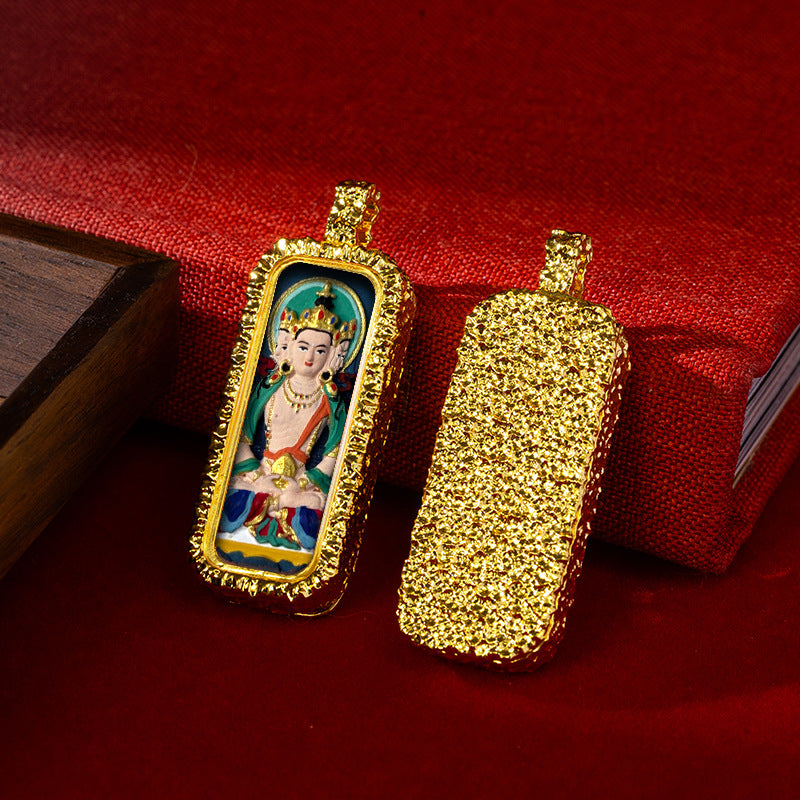 Hammered Brass Tibetan Tsha-Tsha Pendant (Rectangular Hand-Painted Amulet)