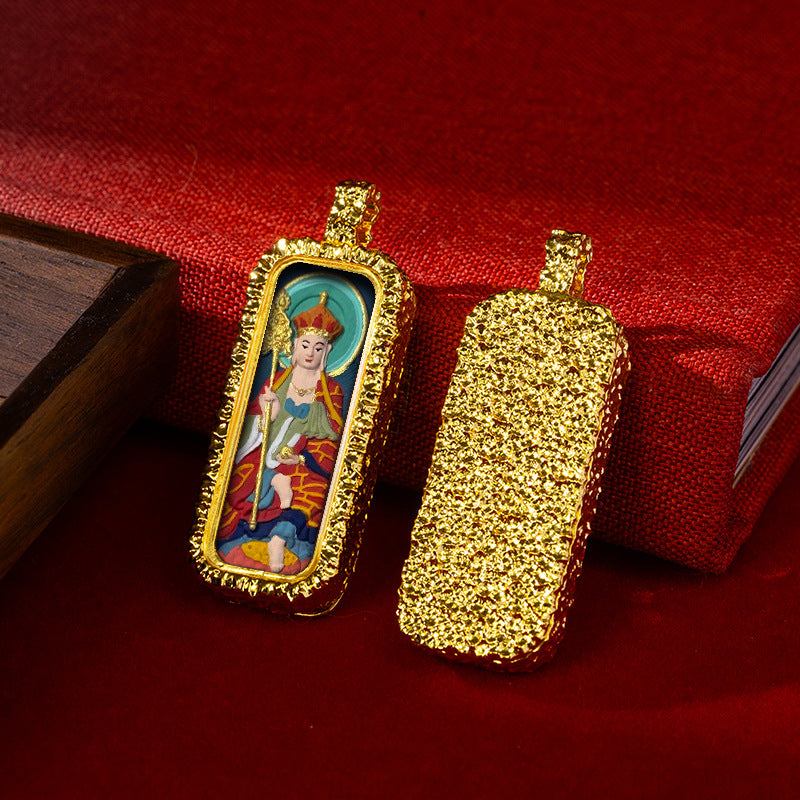 Hammered Brass Tibetan Tsha-Tsha Pendant (Rectangular Hand-Painted Amulet)