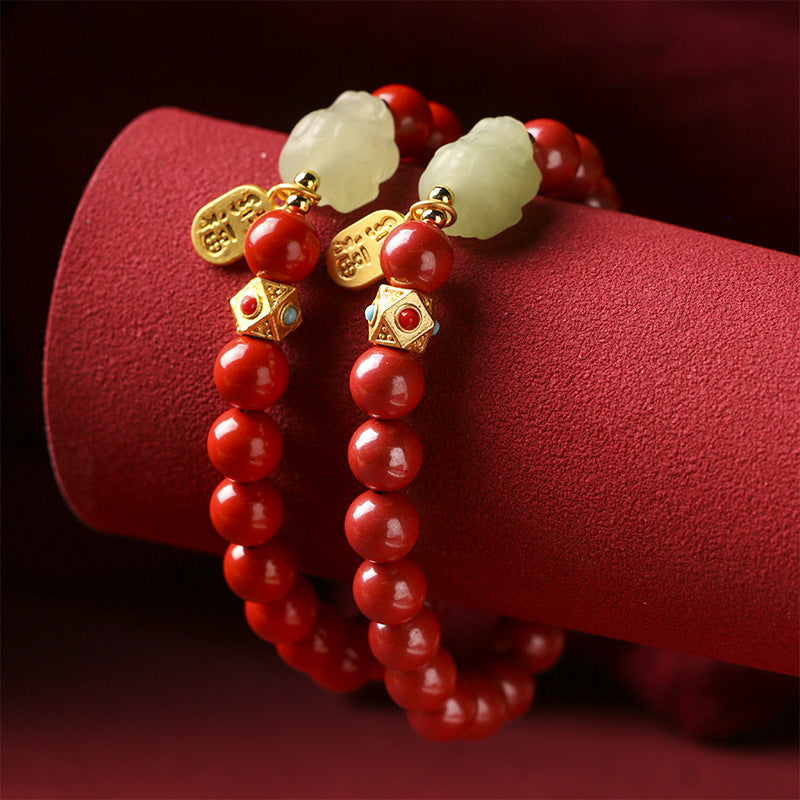Cinnabar & Amber Pixiu Bracelet | Red Feng Shui Wealth Jewelry