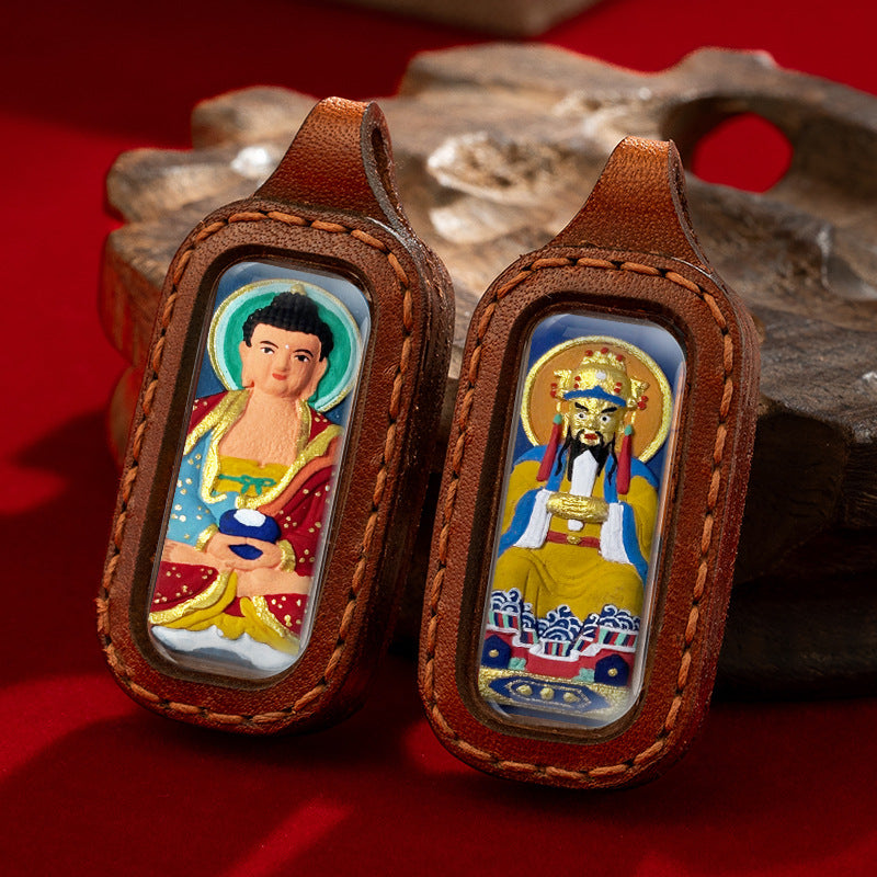 Hand-Painted Tibetan Clay Pendant in Stitched Leather Case (Double-Sided Amulet)