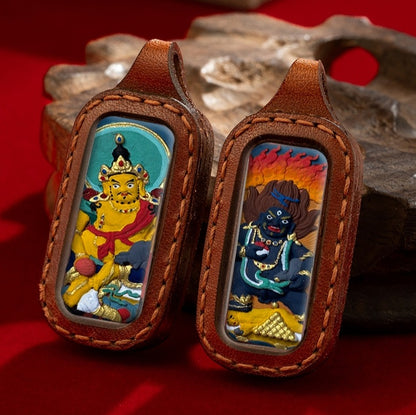 Hand-Painted Tibetan Clay Pendant in Stitched Leather Case (Double-Sided Amulet)