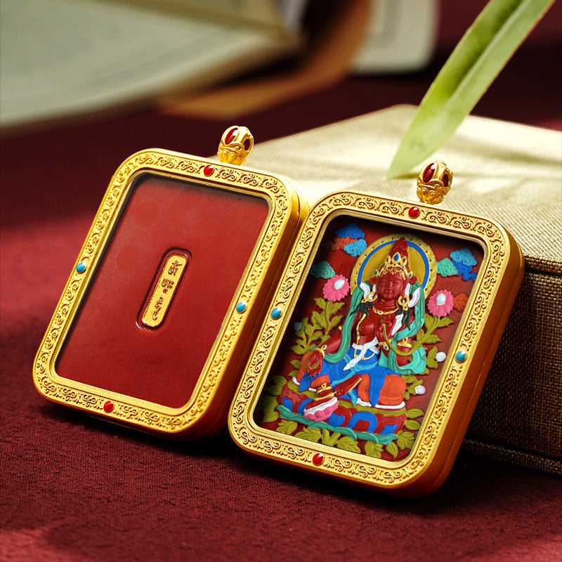 Hand-Painted Cinnabar Thangka Pendant (Brass Frame) - 15 Deity Options