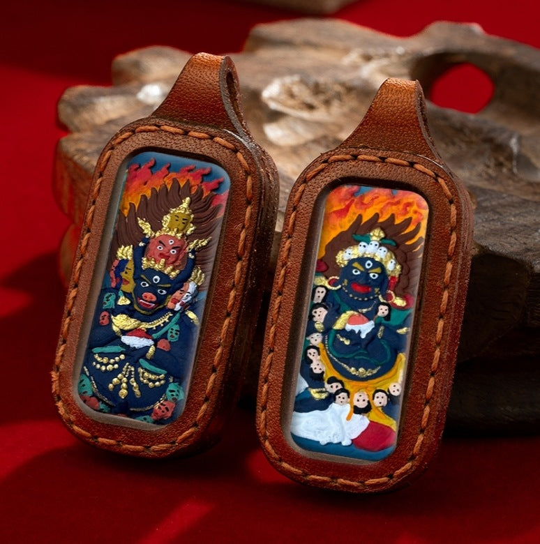 Hand-Painted Tibetan Clay Pendant in Stitched Leather Case (Double-Sided Amulet)