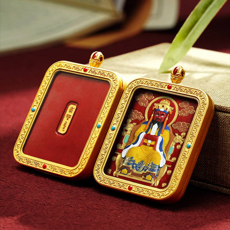 Hand-Painted Cinnabar Thangka Pendant (Brass Frame) - 15 Deity Options