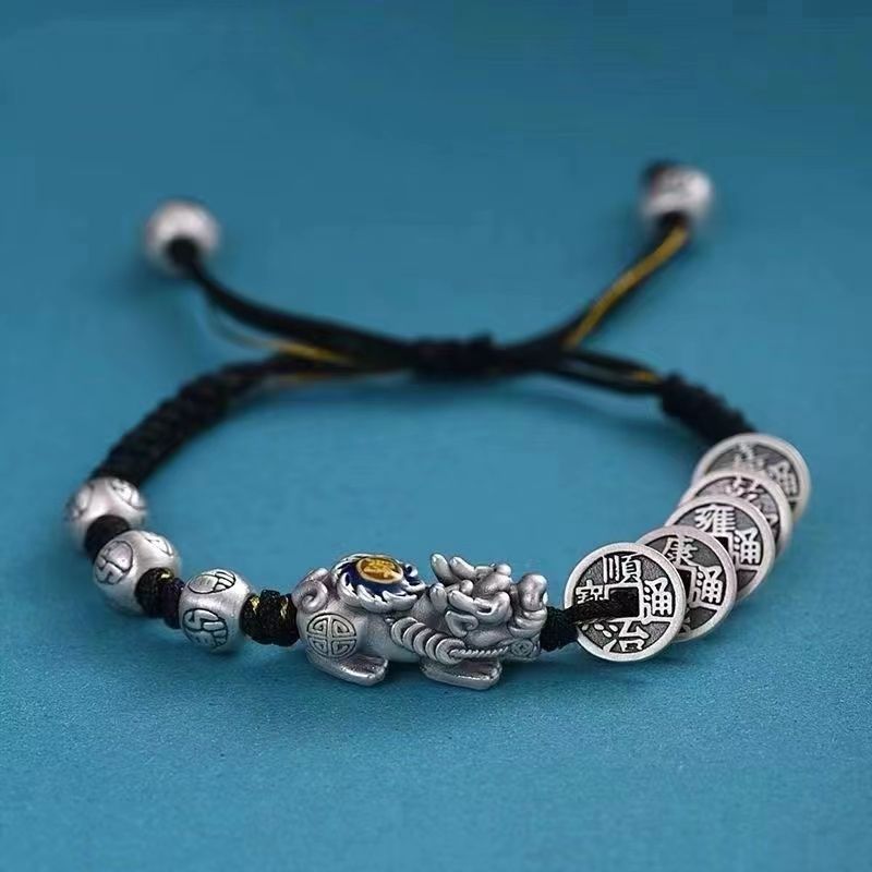 Black braided cord bracelet with silver Pixiu charm and ancient coin beads for protection
