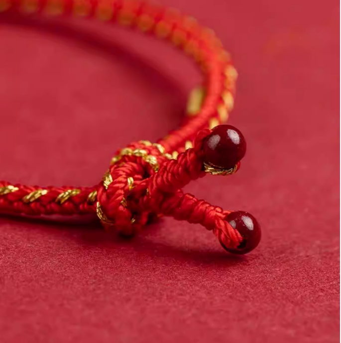 Hand-Braided Red String Cinnabar Bracelet for Luck & Protection
