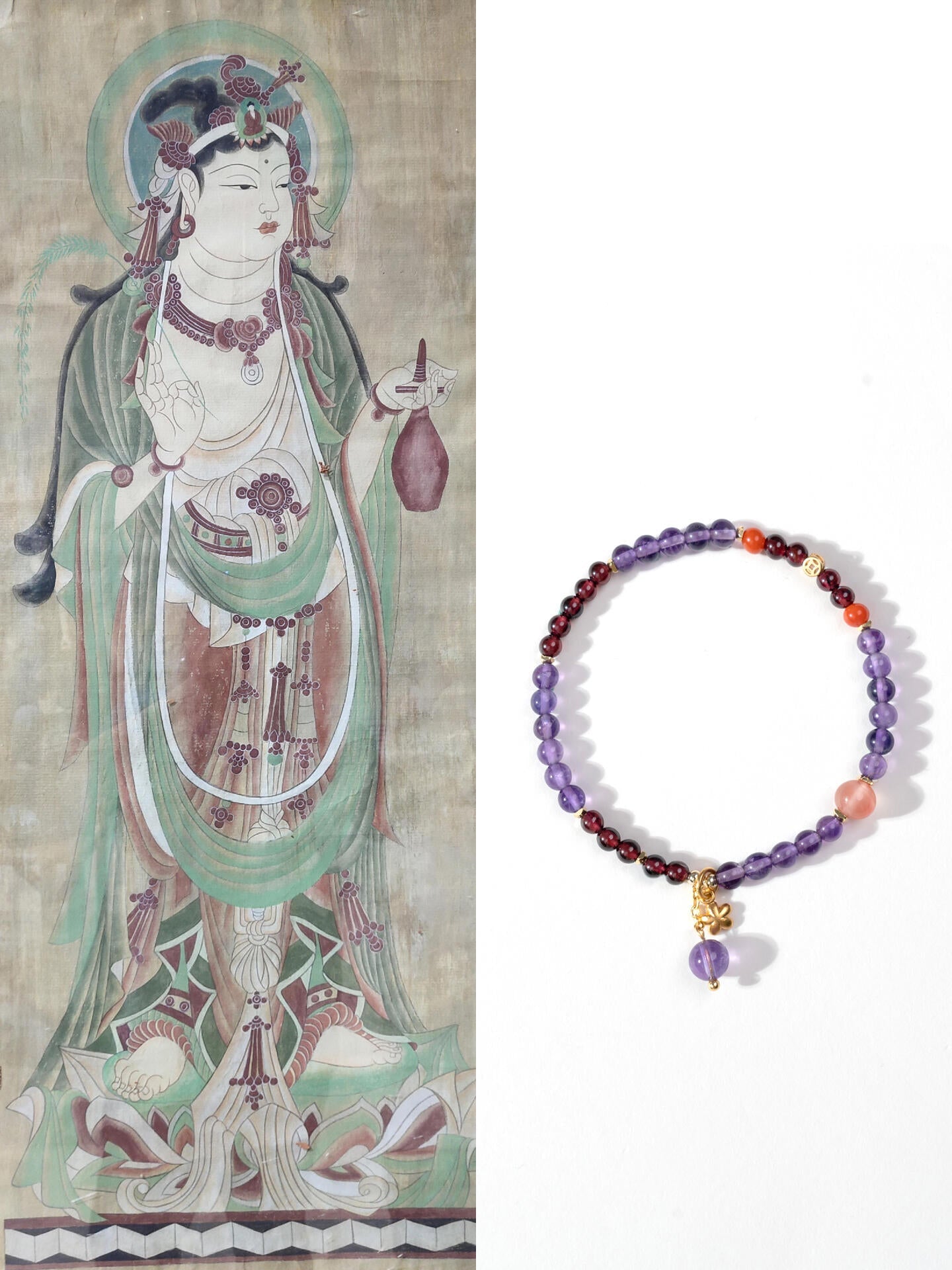 Spiritual Feng Shui jewelry: Amethyst and Red Agate bracelet displayed next to traditional Buddhist art