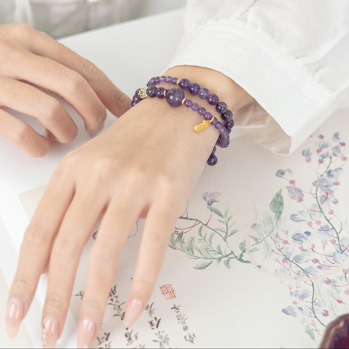 Elegant dark violet healing crystal jewelry gift for her, natural Amethyst stone bracelet styled with traditional art