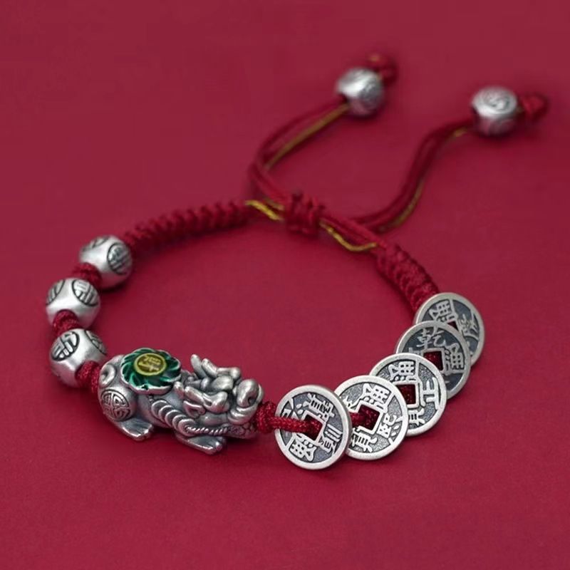 Red string Feng Shui bracelet featuring 999 pure silver Pixiu and five emperor coins for wealth
